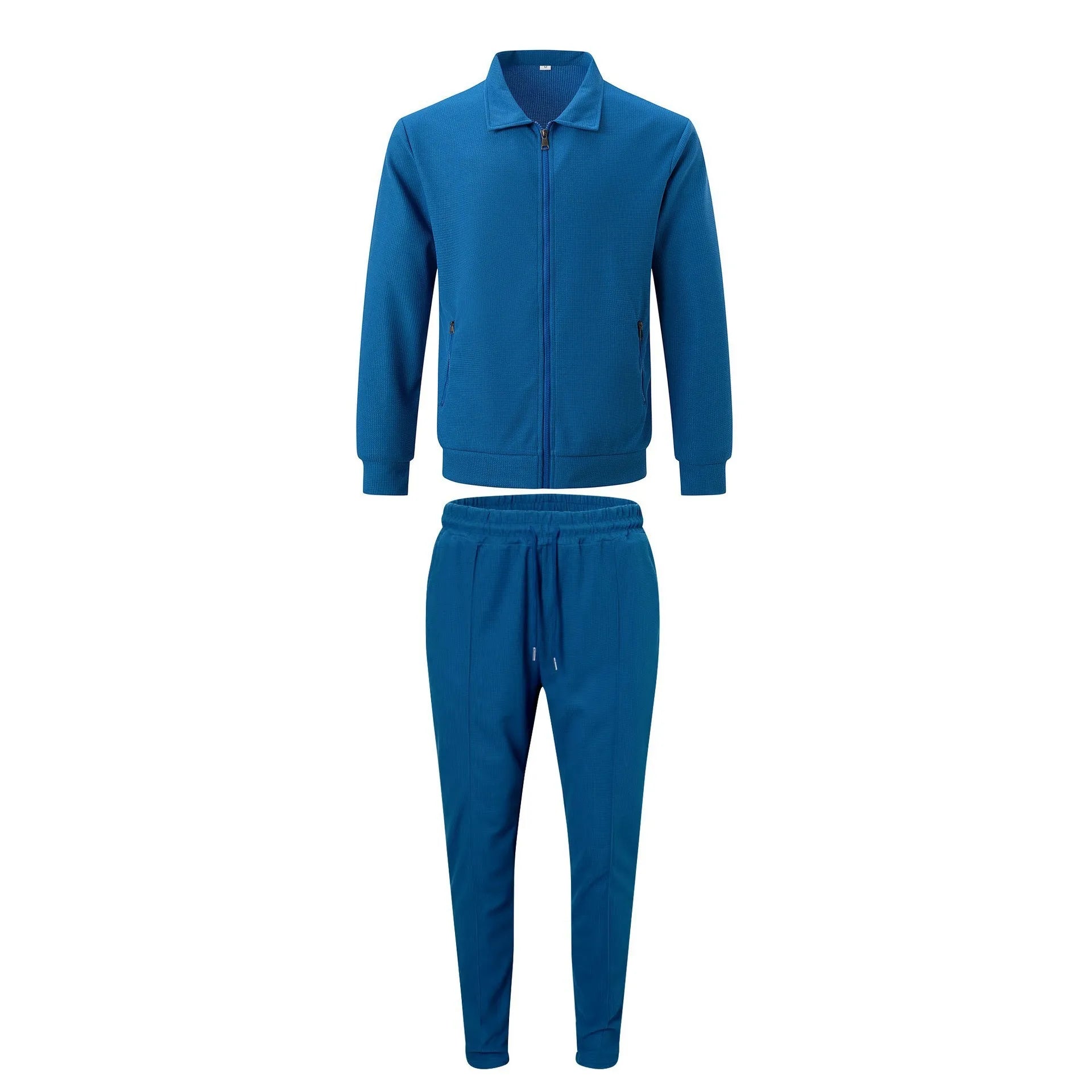 The new spring-autumn men's suit featuring a stylish waffle jacket and plain-colored trousers makes for a great casual outfit.