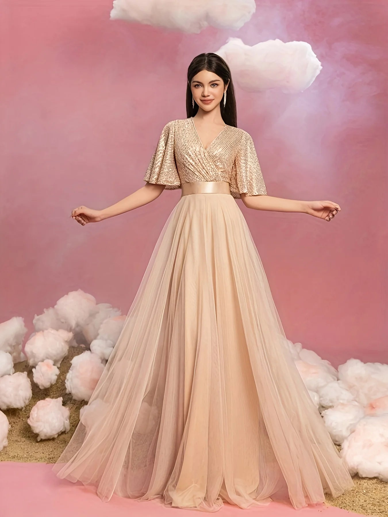 Elegant Women's Evening Gown with Flared Short Sleeves - Ideal for Parties & Wedding Events