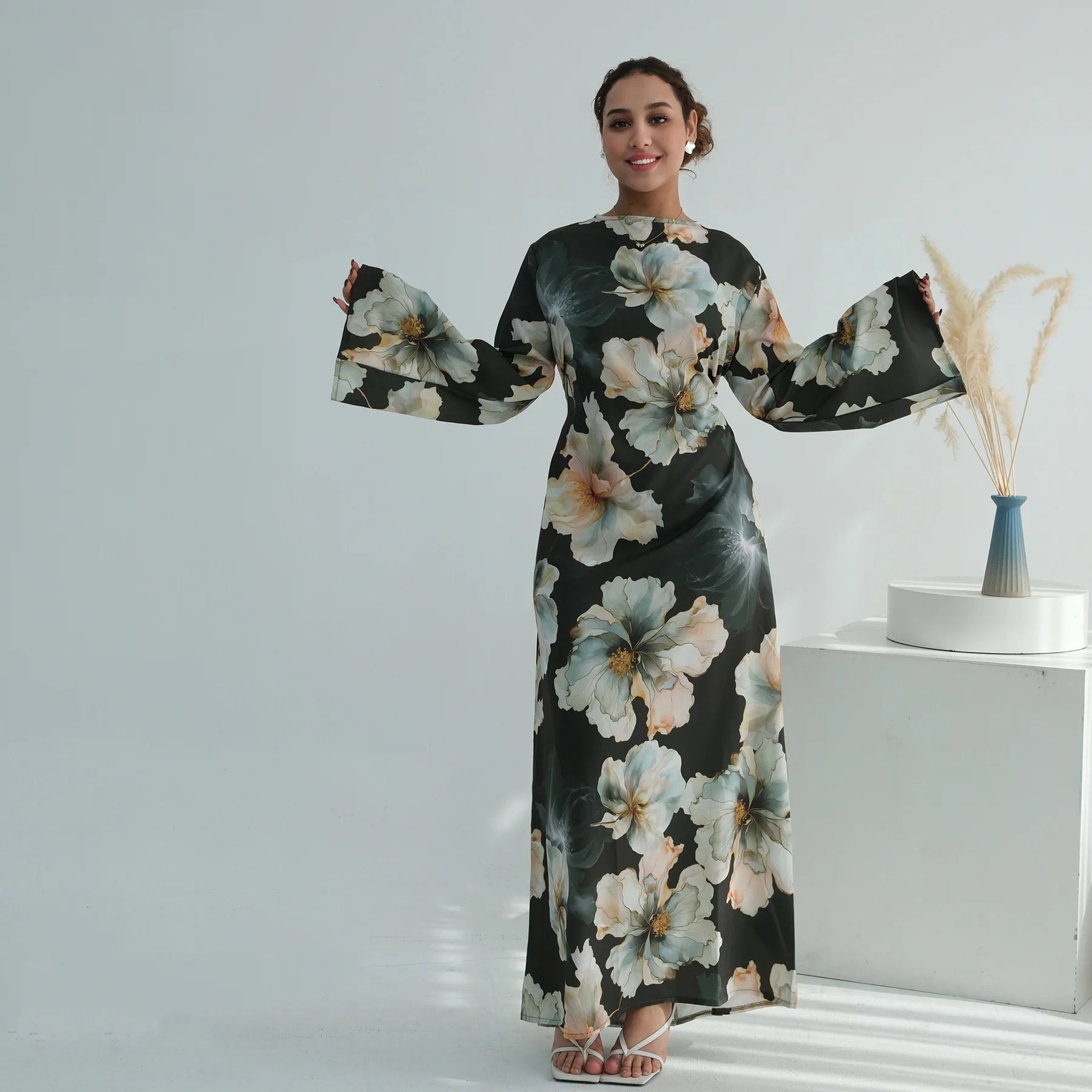 Muslim Dress for Women Flower Print  Party Abaya Dresses Arab Long Robe Morocco Dubai Kaftan Vestidos Jalabiya Ramadan Eid 2026