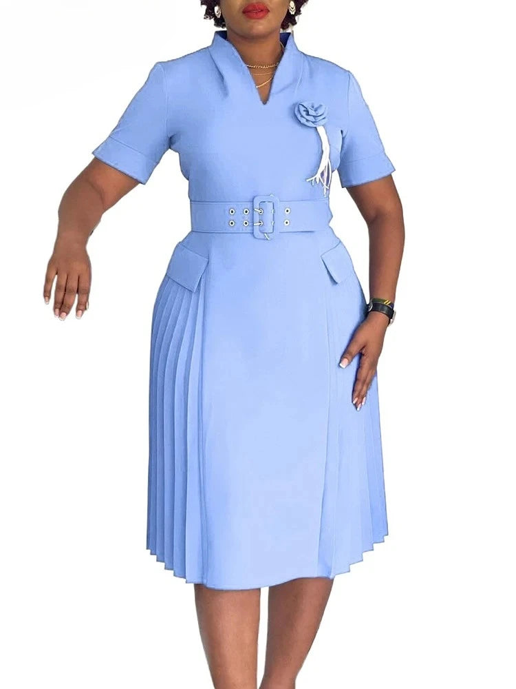 Elegant Party Dresses for Women V Neck Short Sleeve Belt Waisted Pleated Mid Calf Fashion Ladies Birthday Dinner Night Wear Robe