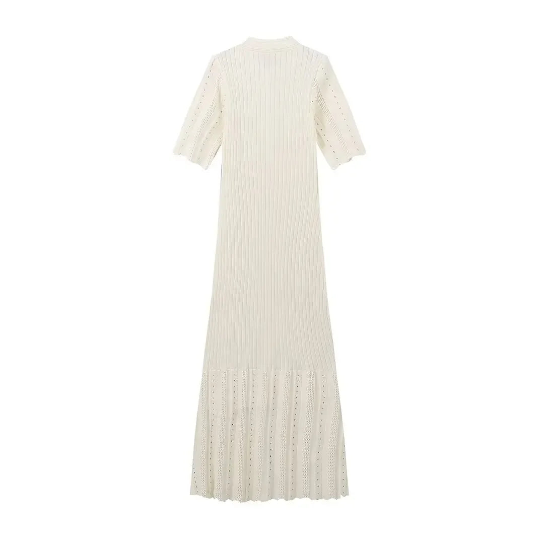 Women Elegant Knitted Long Dress Casual O Neck Solid Short Sleeved Button High Waist Split Dresses New Female Fashion Gown