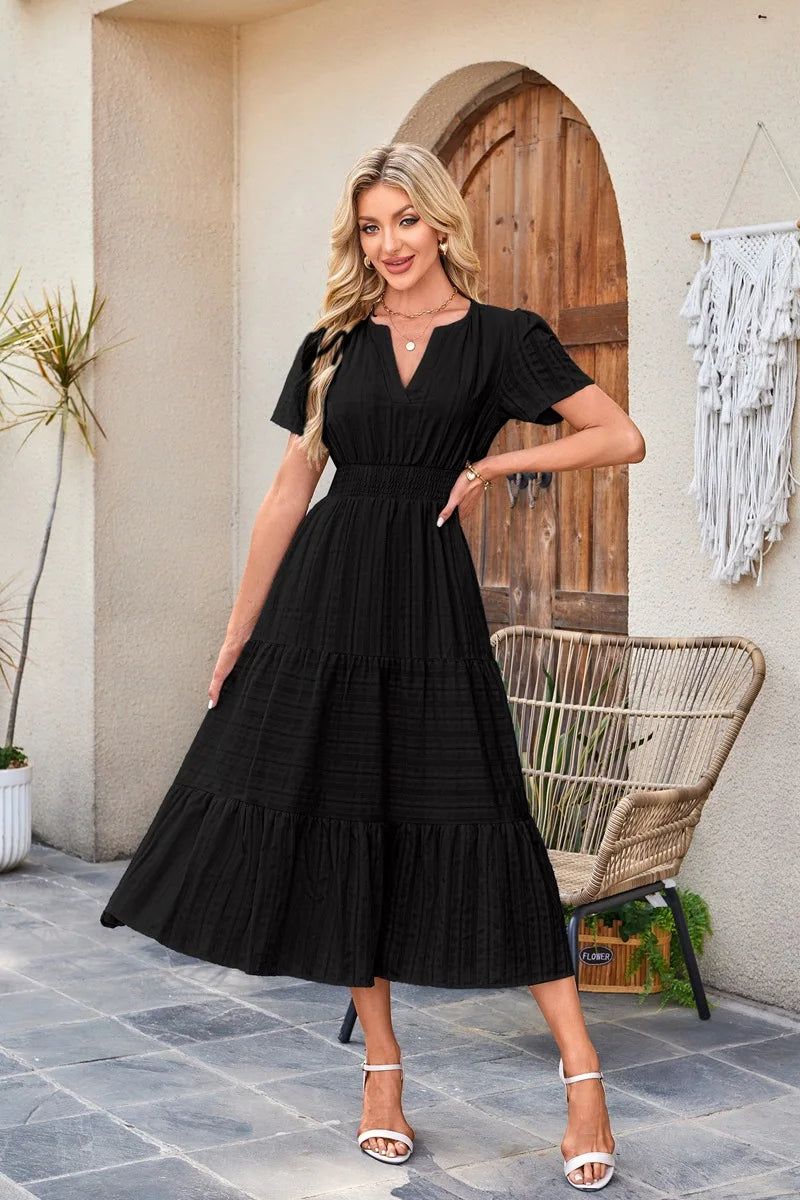 2026 New Dresses Women V Neck Ruched Puff Sleeve Dress Short Sleeve A-Line Flowy Dress Casual Summer Dropshipping
