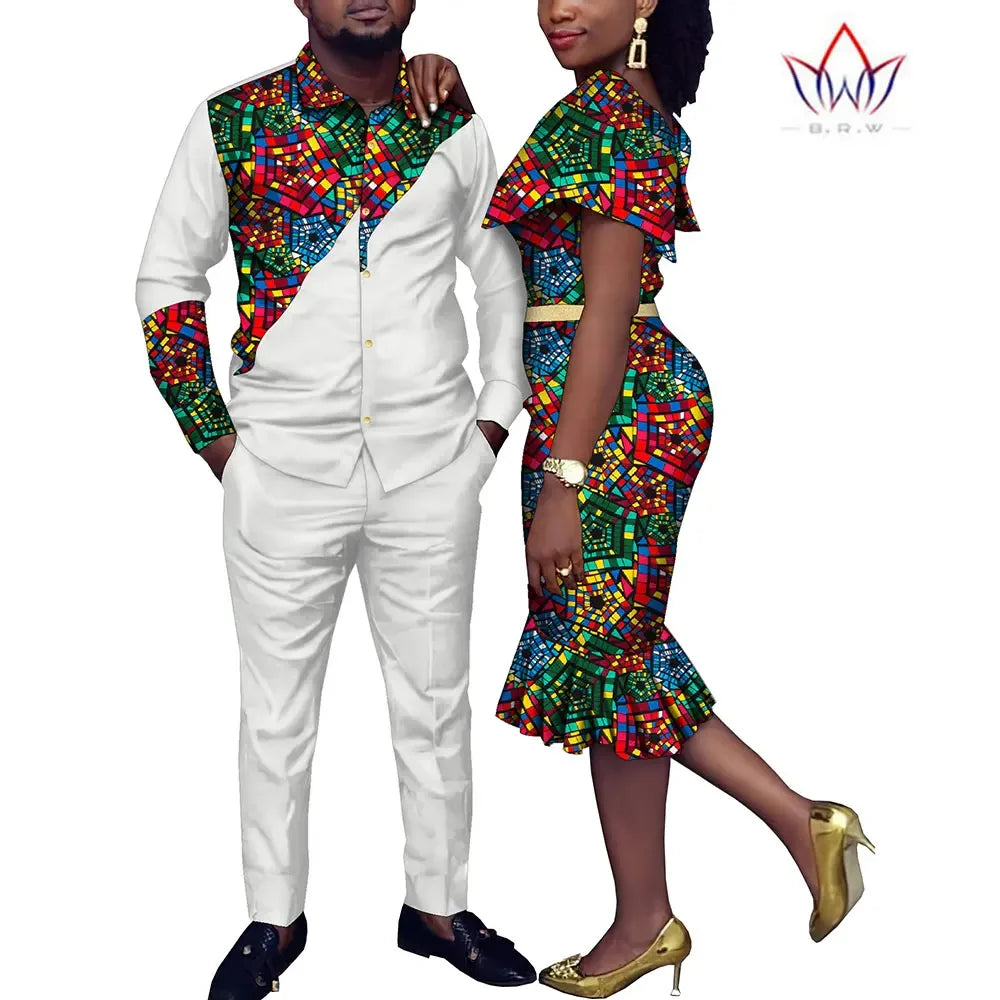 African Couple Clothes Suit and Dress 2 Pcs Couple Matching Outfits African Clothes Women and Men Wedding Party Dress WYQ1051