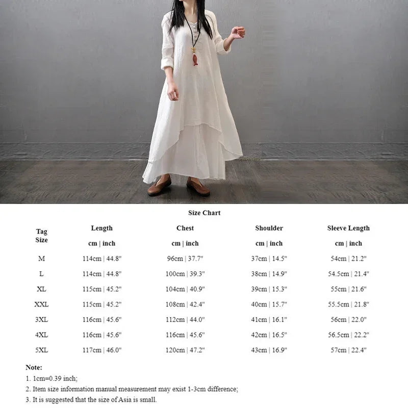 Women's Dress Long Dress Fashion Fake Two Pieces Loose Long Sleeve Art Big Swing Cotton Hemp Bohemian Cotton Vintage Women Dress