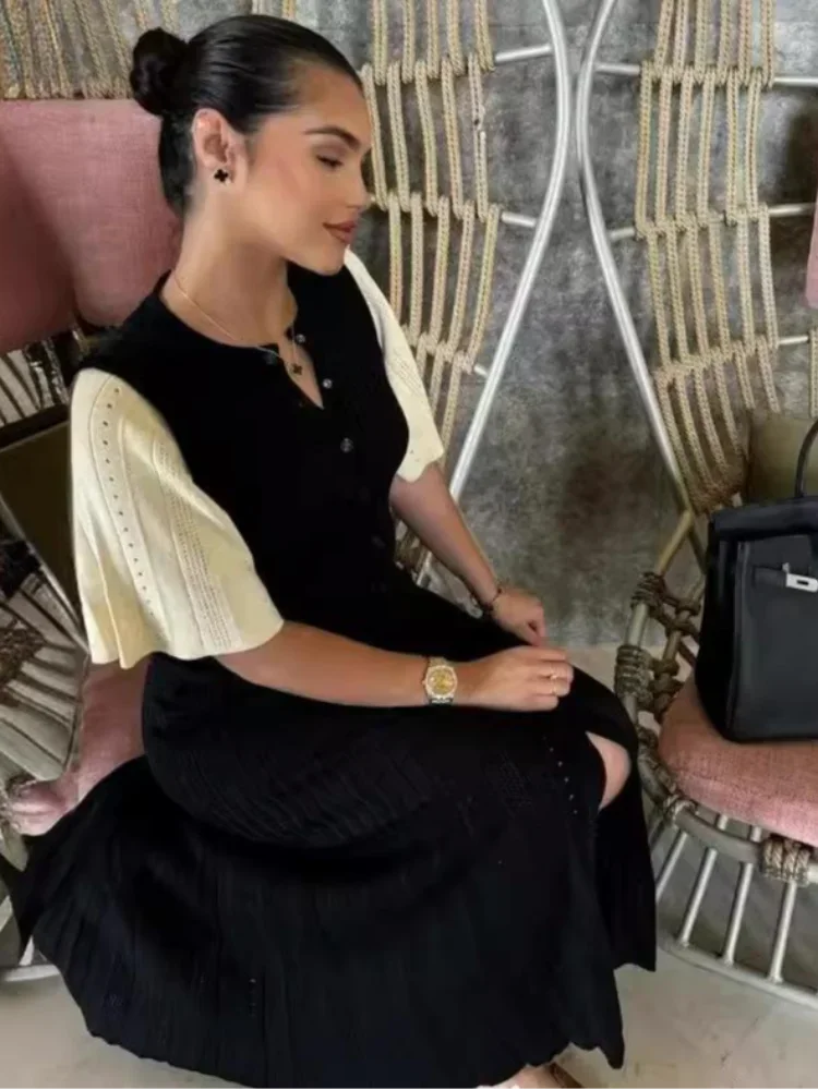 Women Elegant Knitted Long Dress Casual O Neck Solid Short Sleeved Button High Waist Split Dresses New Female Fashion Gown