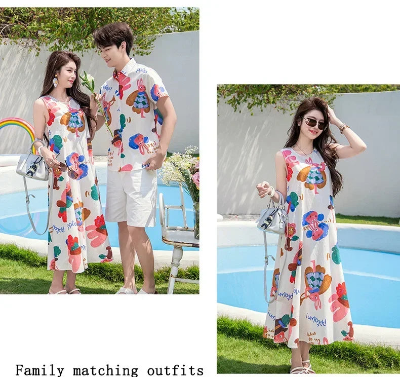 Couple Look Family Matching Outfits Parent-child Clothes Mother Daughter Sleeveless Dress Father Vacation Area Son Beach Shirts