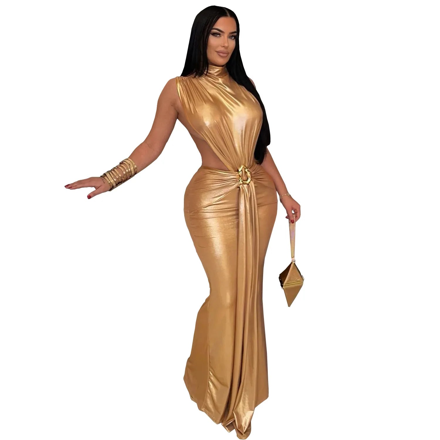 Women Evening Party Wear European American Fashion Elegant Turtleneck Bodycon Dress Slim Formal Stylish Long Gown