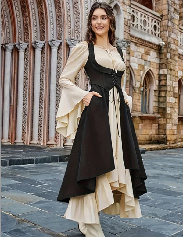 Women's Renaissance Dress with Underbust Corset - High Low Hem Medieval Gown for Cosplay, Festival and Themed Party