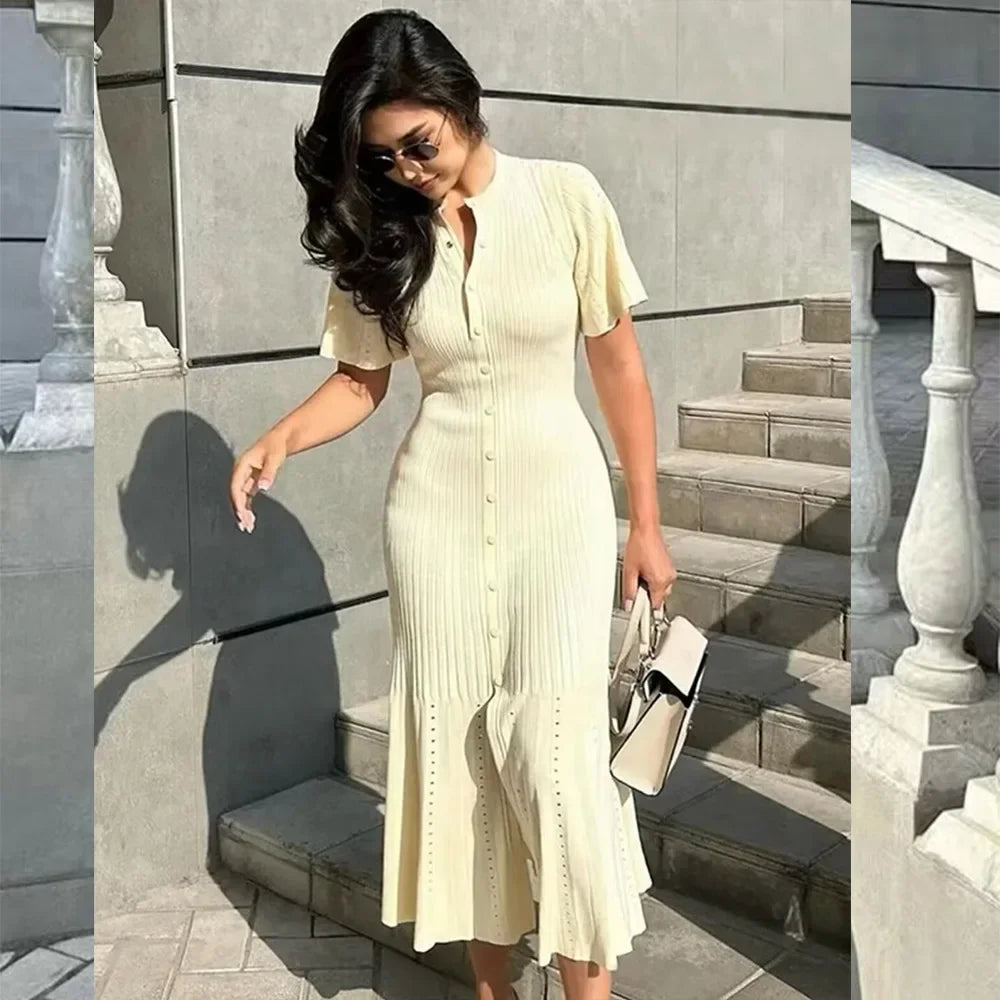 Women Elegant Knitted Long Dress Casual O Neck Solid Short Sleeved Button High Waist Split Dresses New Female Fashion Gown