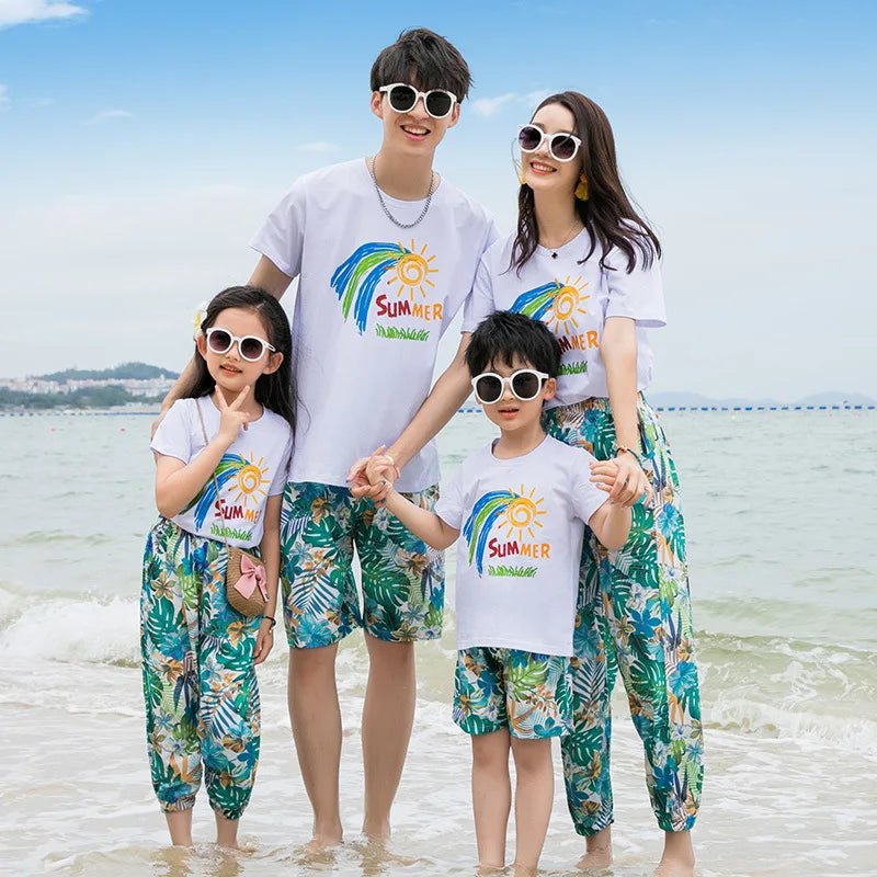 Couple Clothes Matching Outfits for The Whole Family Vacation Look Mom and Daughter T Shirts Pants Two Piece Sets Dad Son Suit