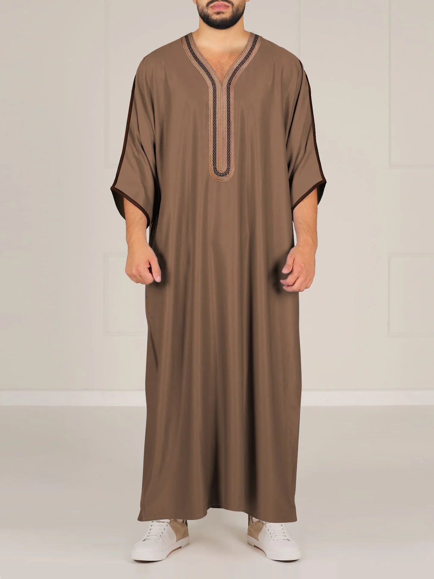 2026 Muslim Men Dress Solid Casual Robe V-neck Loose Kaftan Abayas Ethnic Style Embroidered Prayer Gown Arab Islamic Jubba Thobe