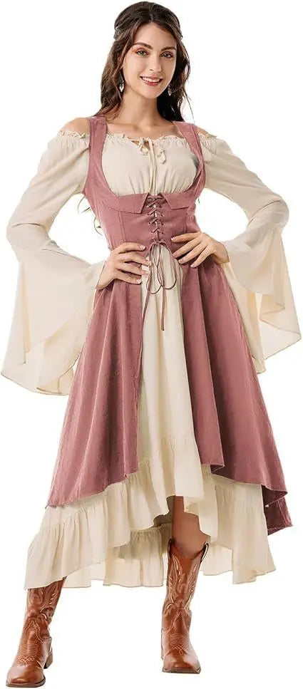 Women's Renaissance Dress with Underbust Corset - High Low Hem Medieval Gown for Cosplay, Festival and Themed Party