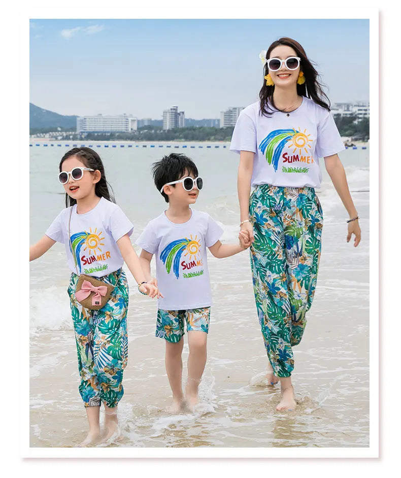 Couple Clothes Matching Outfits for The Whole Family Vacation Look Mom and Daughter T Shirts Pants Two Piece Sets Dad Son Suit