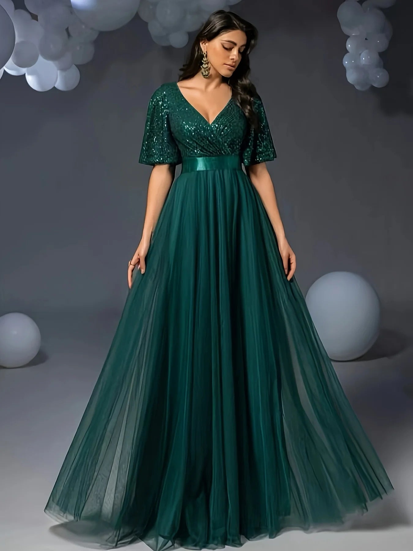 Elegant Women's Evening Gown with Flared Short Sleeves - Ideal for Parties & Wedding Events