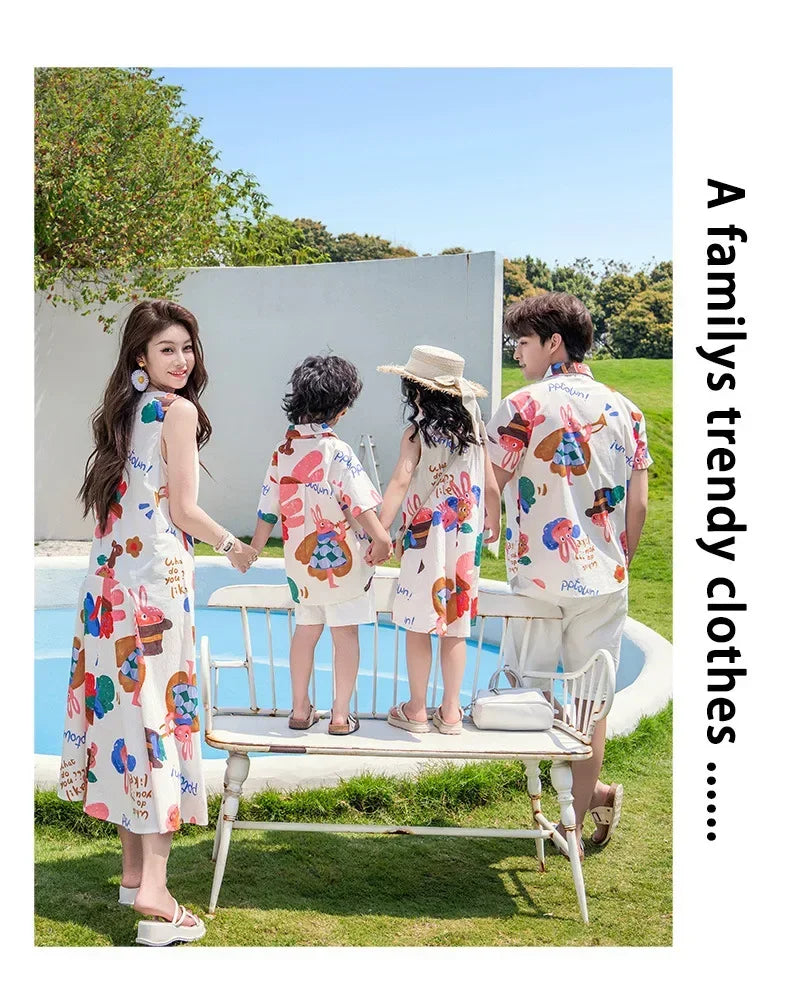 Couple Look Family Matching Outfits Parent-child Clothes Mother Daughter Sleeveless Dress Father Vacation Area Son Beach Shirts