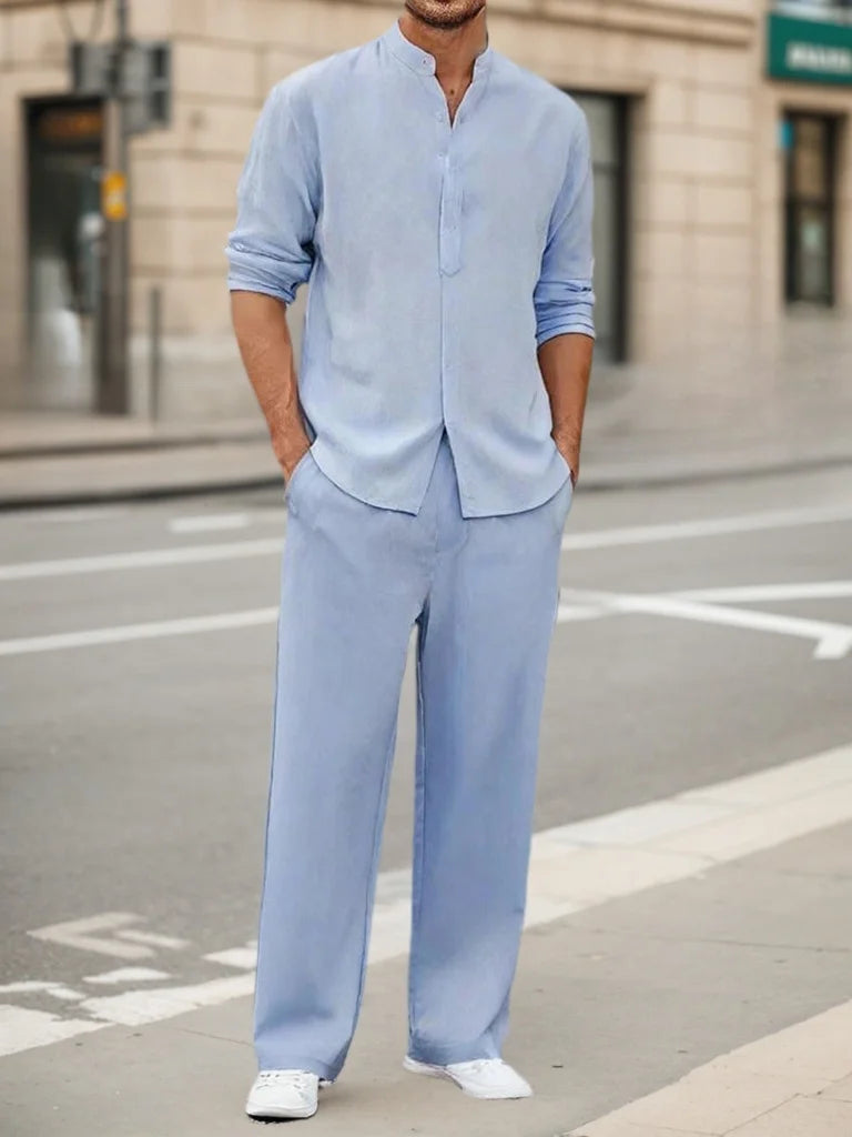 Men's Fall Casual Outfits Solid Color Henley Collar Long Sleeve Tops with Elastic Waist Pants Long Sleeve Pants Shirt Suit