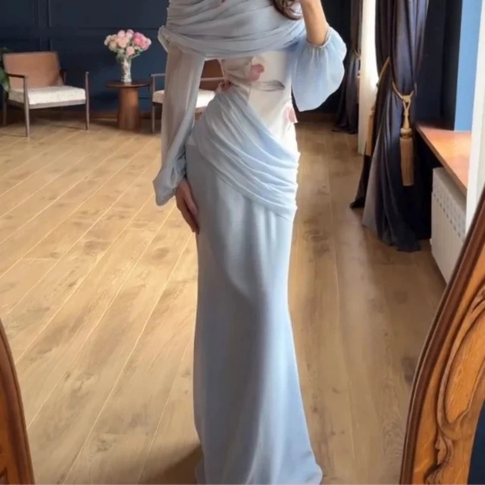 Women Blue Fashion Evening Gown Customized High Neck Long Sleeves Floral Chiffon Mermaid Party Dress Floor Length Prom Dress