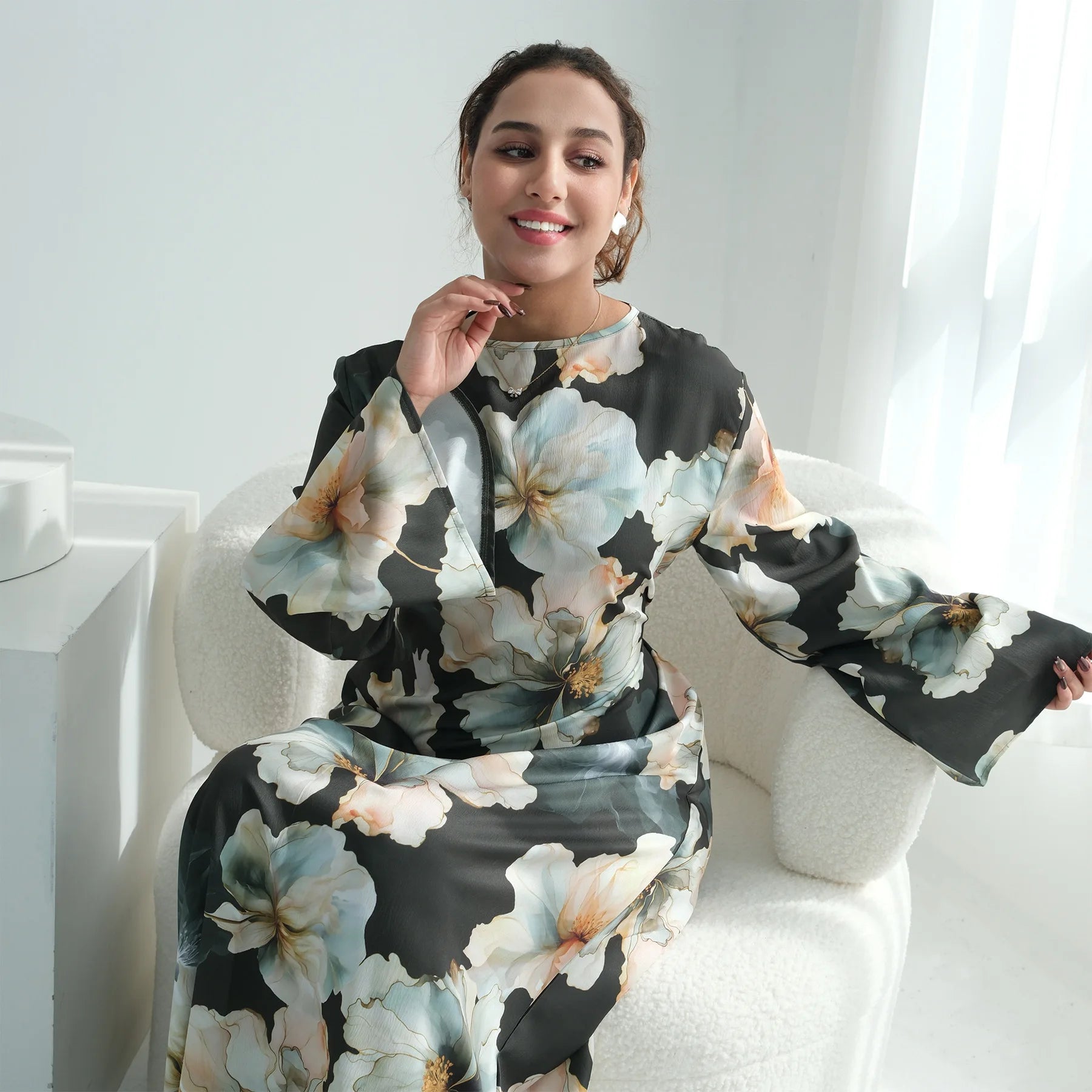 Muslim Dress for Women Flower Print  Party Abaya Dresses Arab Long Robe Morocco Dubai Kaftan Vestidos Jalabiya Ramadan Eid 2026