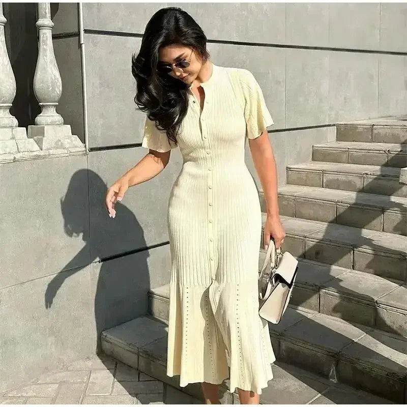 Women Elegant Knitted Long Dress Casual O Neck Solid Short Sleeved Button High Waist Split Dresses New Female Fashion Gown