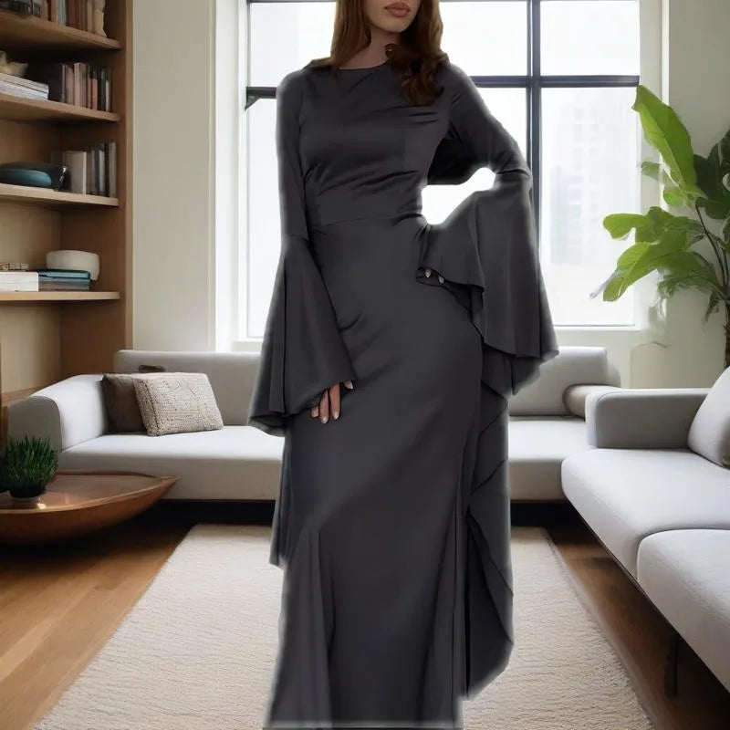 Evening Gown Dress Women's Sexy Slim Fit Solid Color Round Neck Flared Sleeves Elegant Style Summer New Item