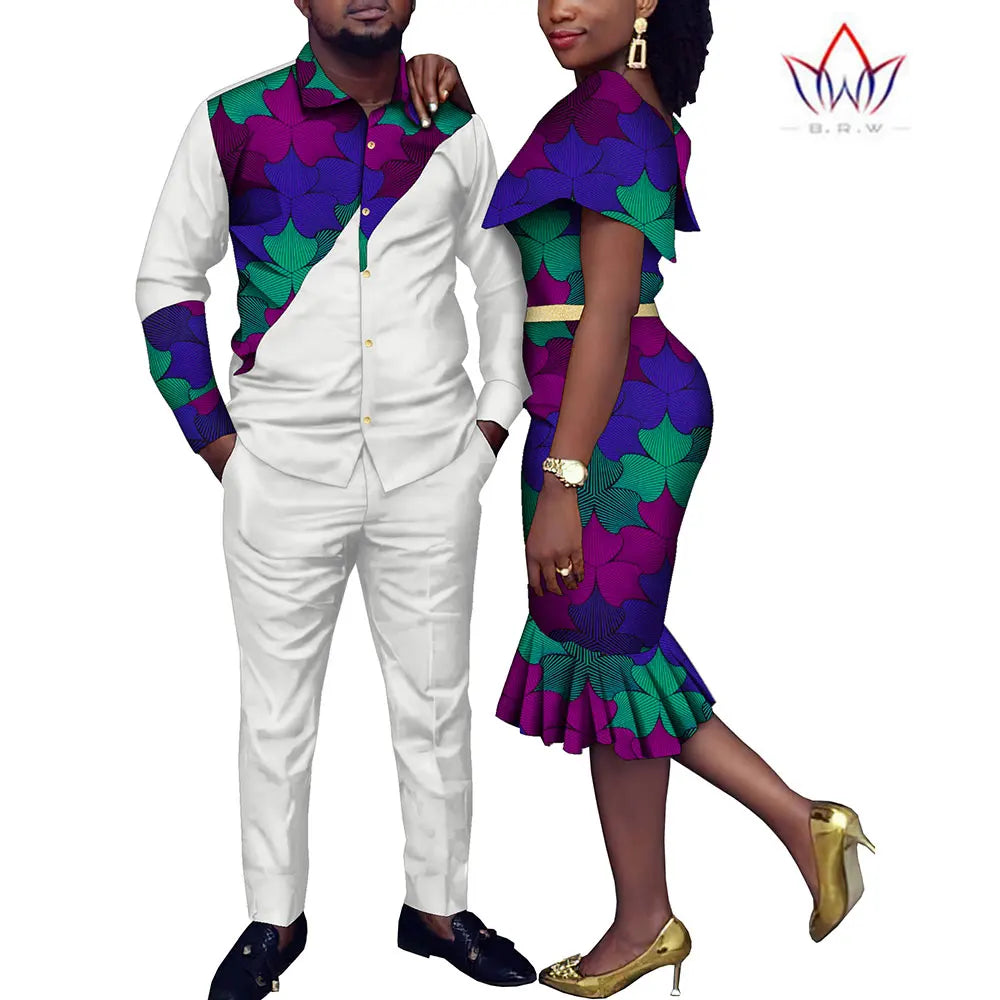 African Couple Clothes Suit and Dress 2 Pcs Couple Matching Outfits African Clothes Women and Men Wedding Party Dress WYQ1051