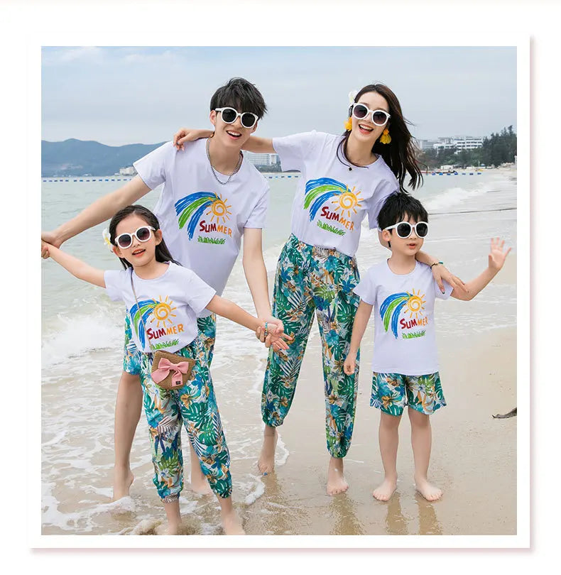 Couple Clothes Matching Outfits for The Whole Family Vacation Look Mom and Daughter T Shirts Pants Two Piece Sets Dad Son Suit