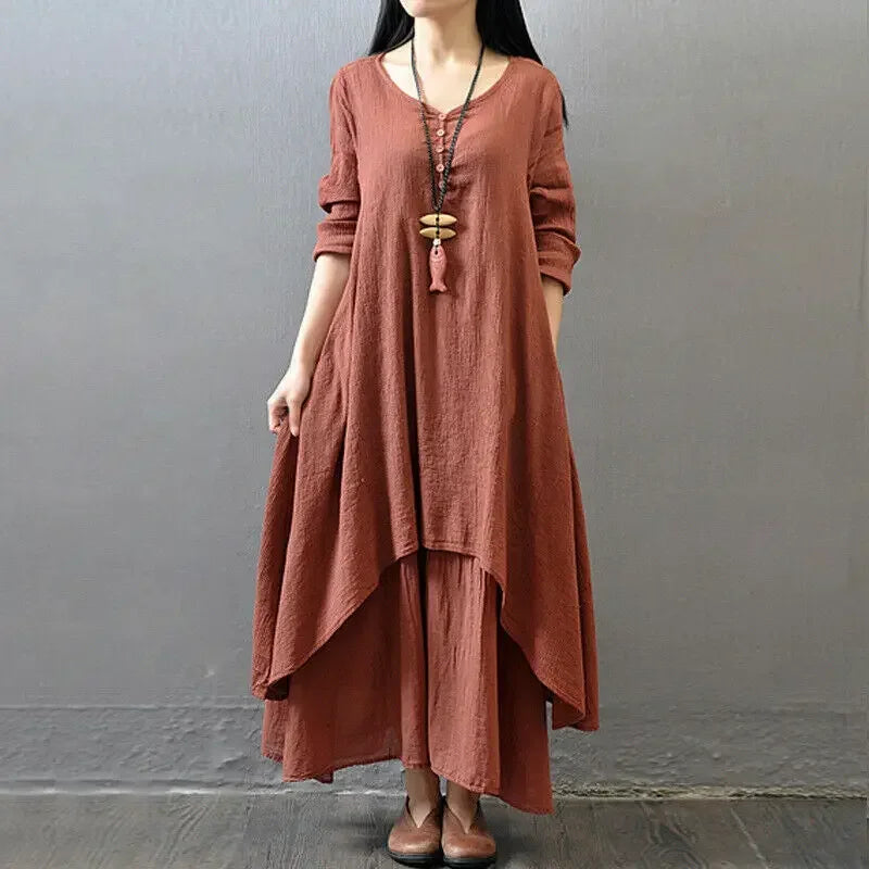 Women's Dress Long Dress Fashion Fake Two Pieces Loose Long Sleeve Art Big Swing Cotton Hemp Bohemian Cotton Vintage Women Dress