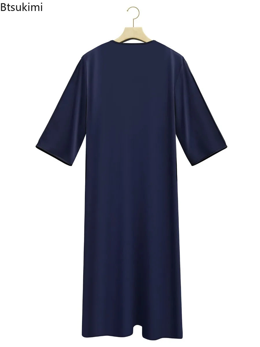 2026 Muslim Men Dress Solid Casual Robe V-neck Loose Kaftan Abayas Ethnic Style Embroidered Prayer Gown Arab Islamic Jubba Thobe
