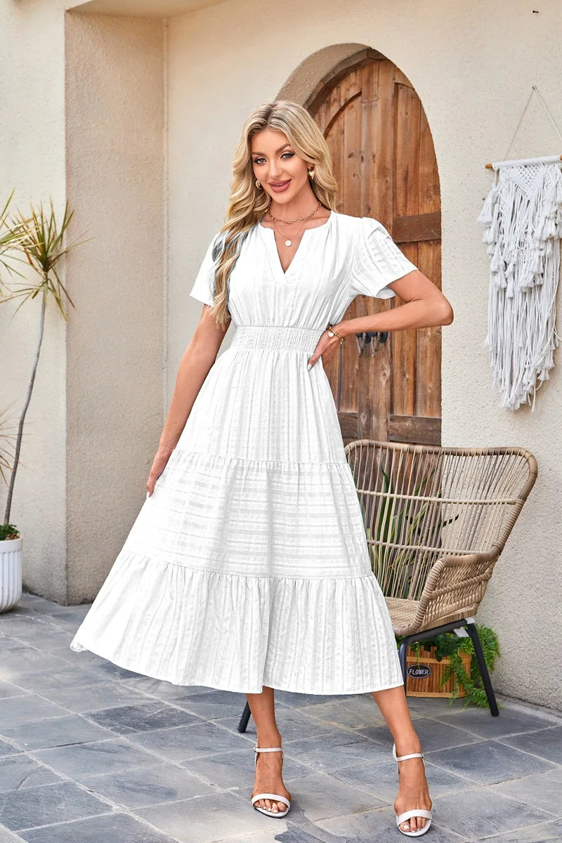 2026 New Dresses Women V Neck Ruched Puff Sleeve Dress Short Sleeve A-Line Flowy Dress Casual Summer Dropshipping